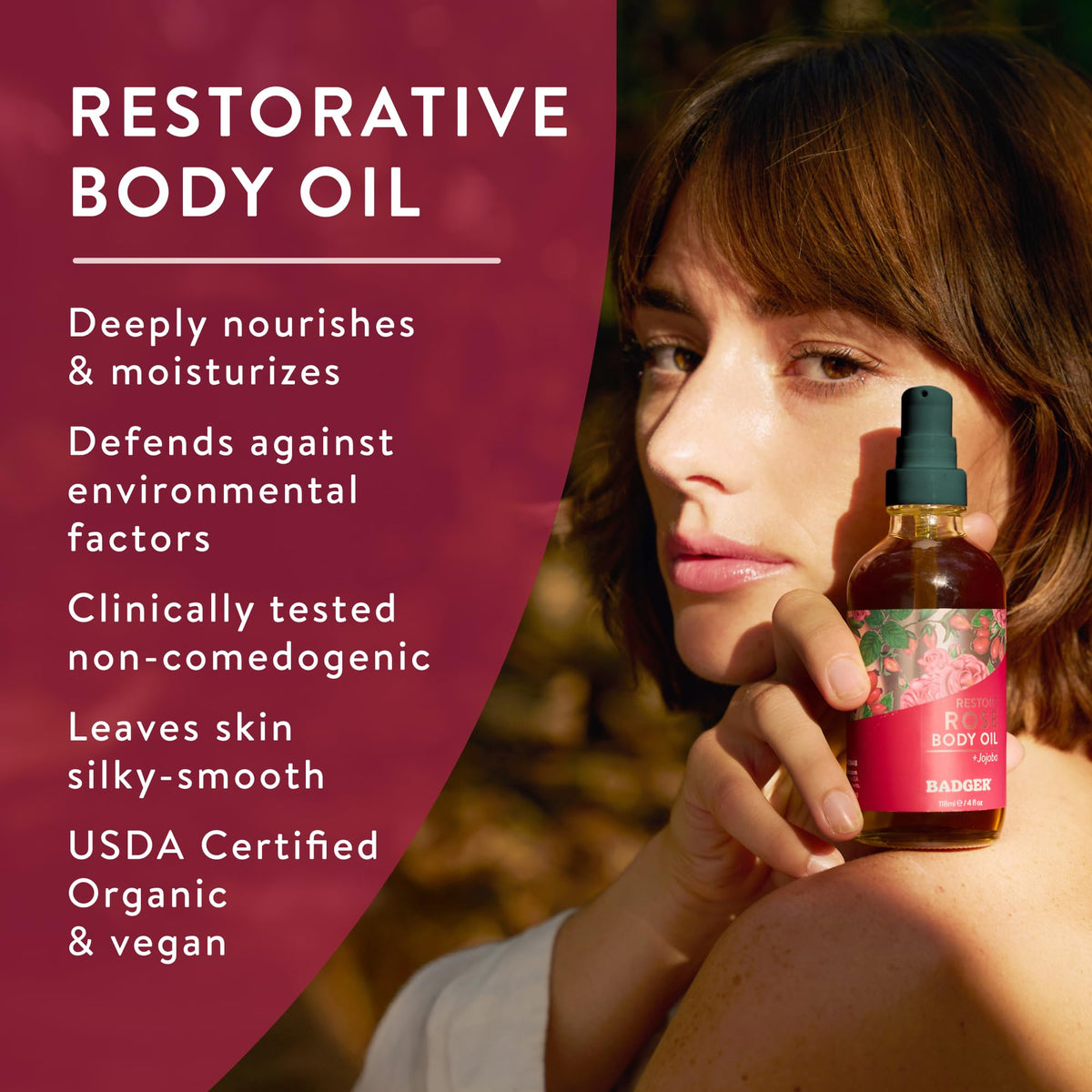 Badger Rose Body Oil ingredients highlight organic jojoba and rose oils