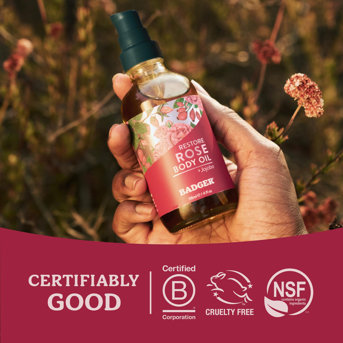 Badger Rose Body Oil 100% organic blend for subtle, lasting softness