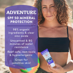 Badger SPF50 unscented sunscreen tube ready for outdoor adventures.