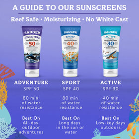 Badger three-pack sunscreen set ideal for family travel.