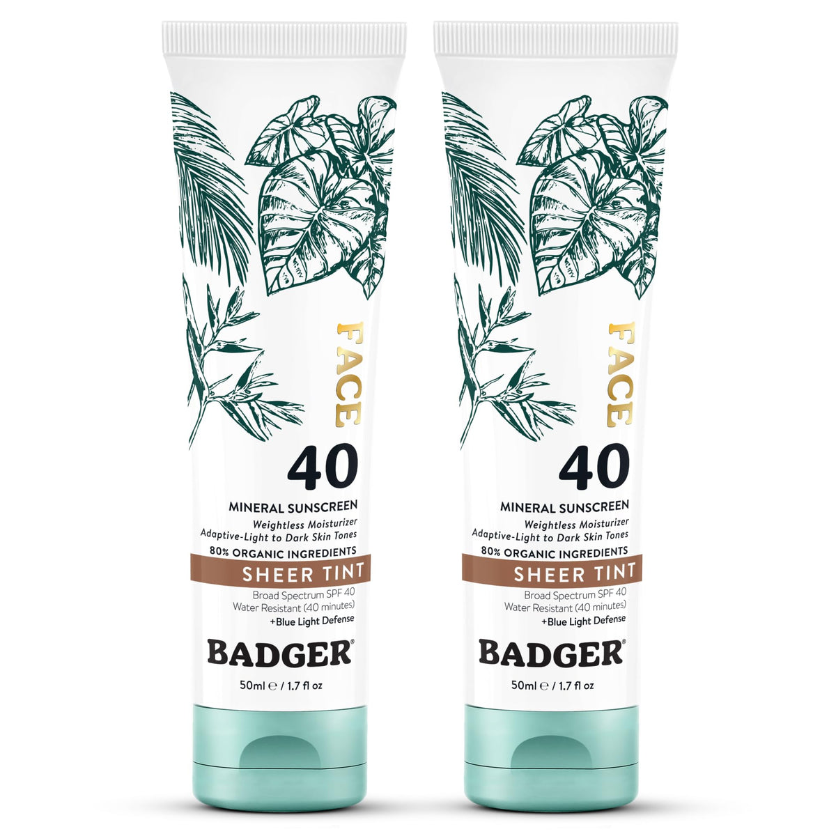 Badger tinted sunscreen bottle with SPF 40 and sheer warm tint for all skin tones.