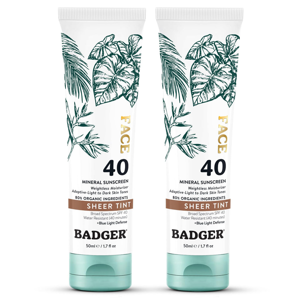 Badger tinted sunscreen bottle with SPF 40 and sheer warm tint for all skin tones.