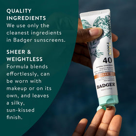 Badger tinted sunscreen shows 40-minute water resistance for active days outdoors.