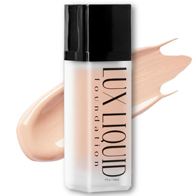BaeBlu LUX Latte bottle on vanity showcases a natural, vegan foundation.