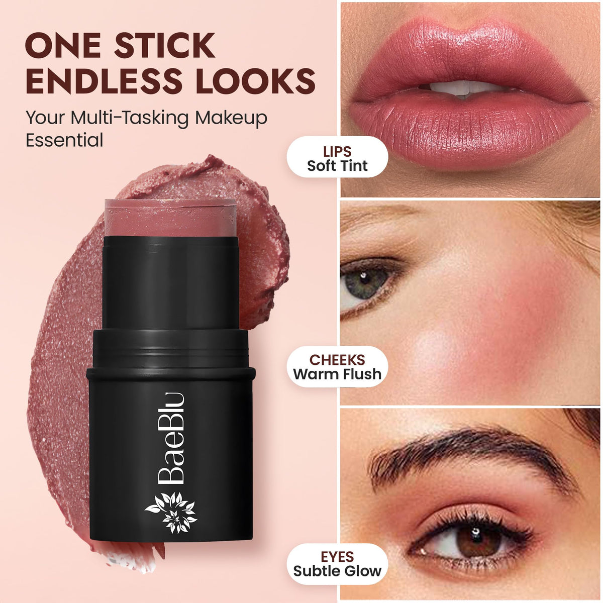 BaeBlu Cabernet eyes glow on eyelids shows multi-use brightness.