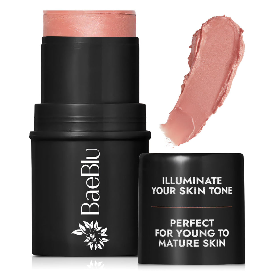 BaeBlu organic blush tube Rose on cheek for a soft dewy glow