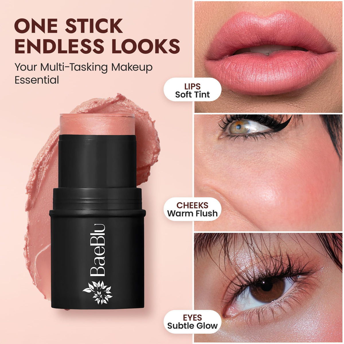 BaeBlu Rose highlighter on eyelids adds subtle shimmer