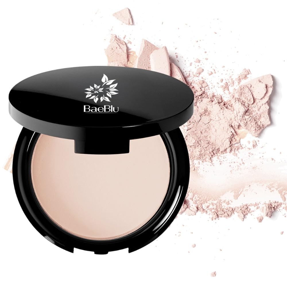 BaeBlu Organic Pressed Setting Powder compact close-up showing natural matte finish.