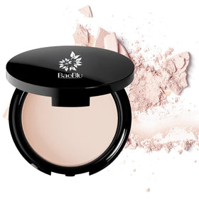 BaeBlu Organic Pressed Setting Powder compact close-up showing natural matte finish.