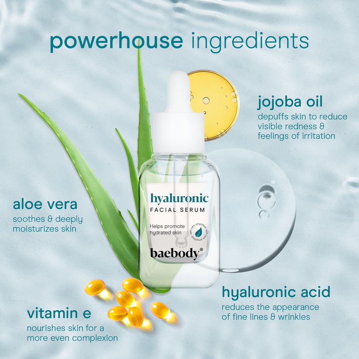 Baebody Hyaluronic Acid Serum texture swatch shows lightweight, non-greasy hydration
