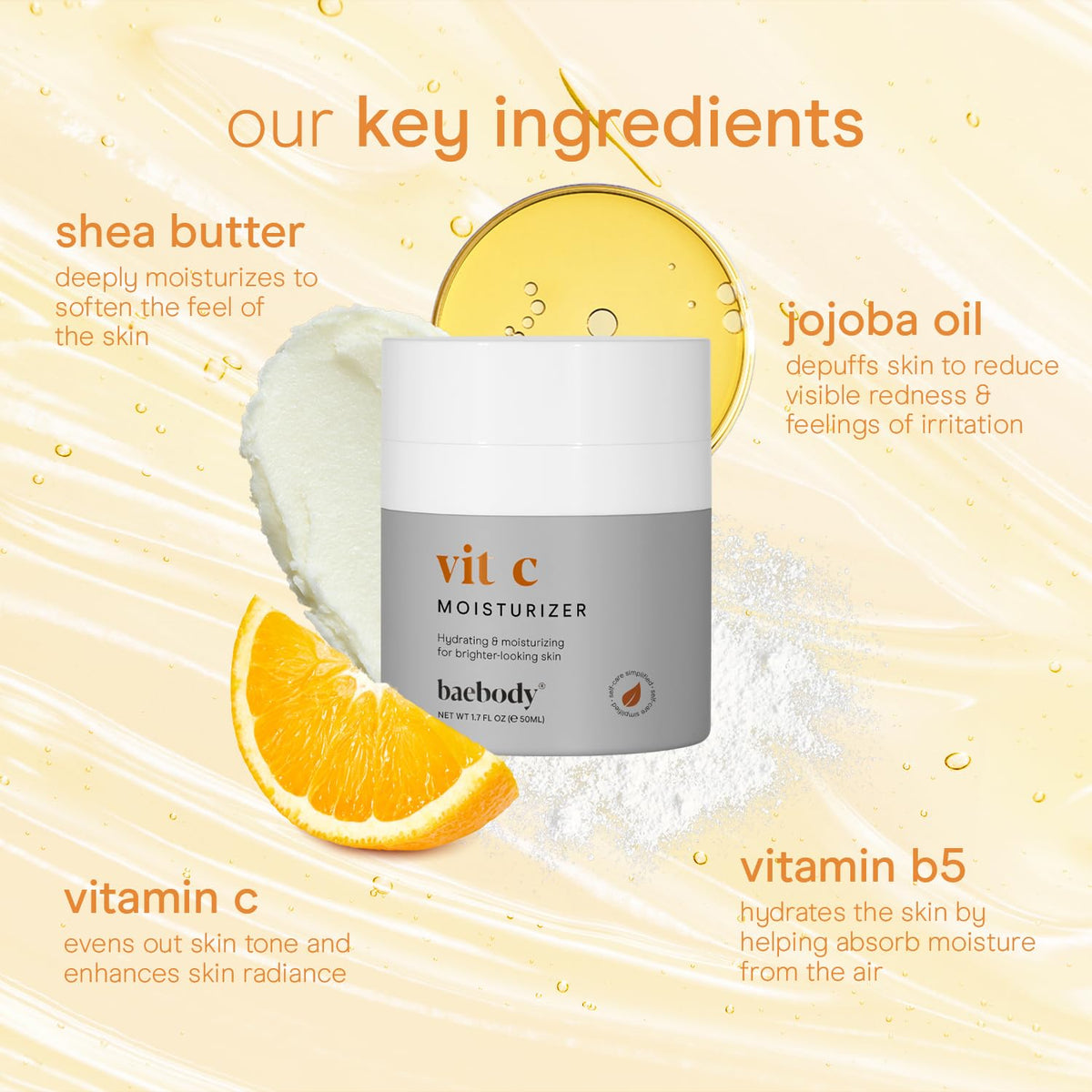 Baebody Vitamin C moisturizer USA-made label highlights quality and safety.