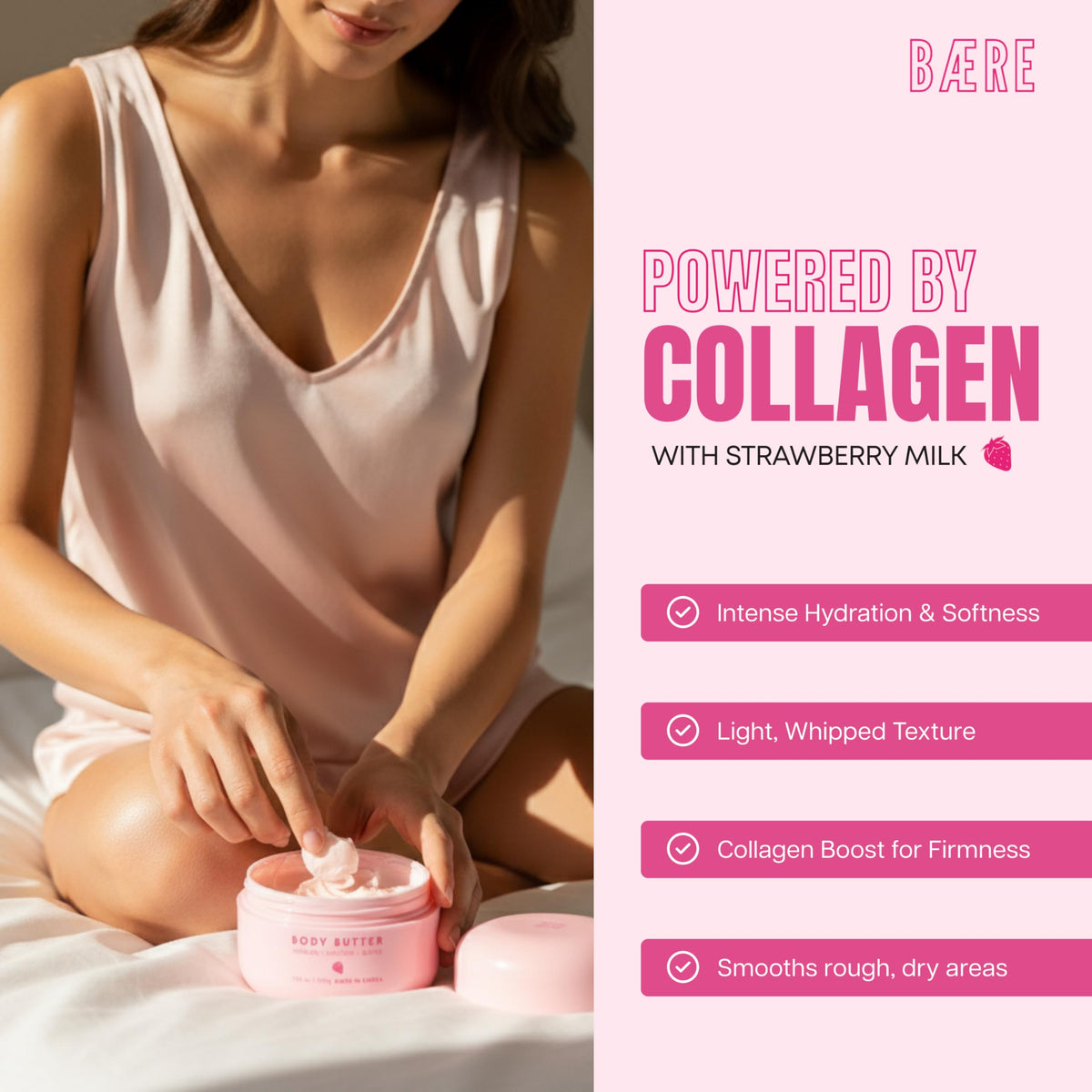 Baere Collagen Strawberry Milk Body Butter jar close-up shows premium packaging