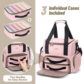 BAFAMYE double-layer makeup organizer keeps items neatly separated during travel
