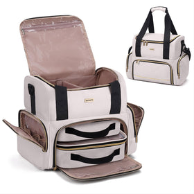BAFAMYE large makeup bag top compartment with dividers keeps cosmetics organized.