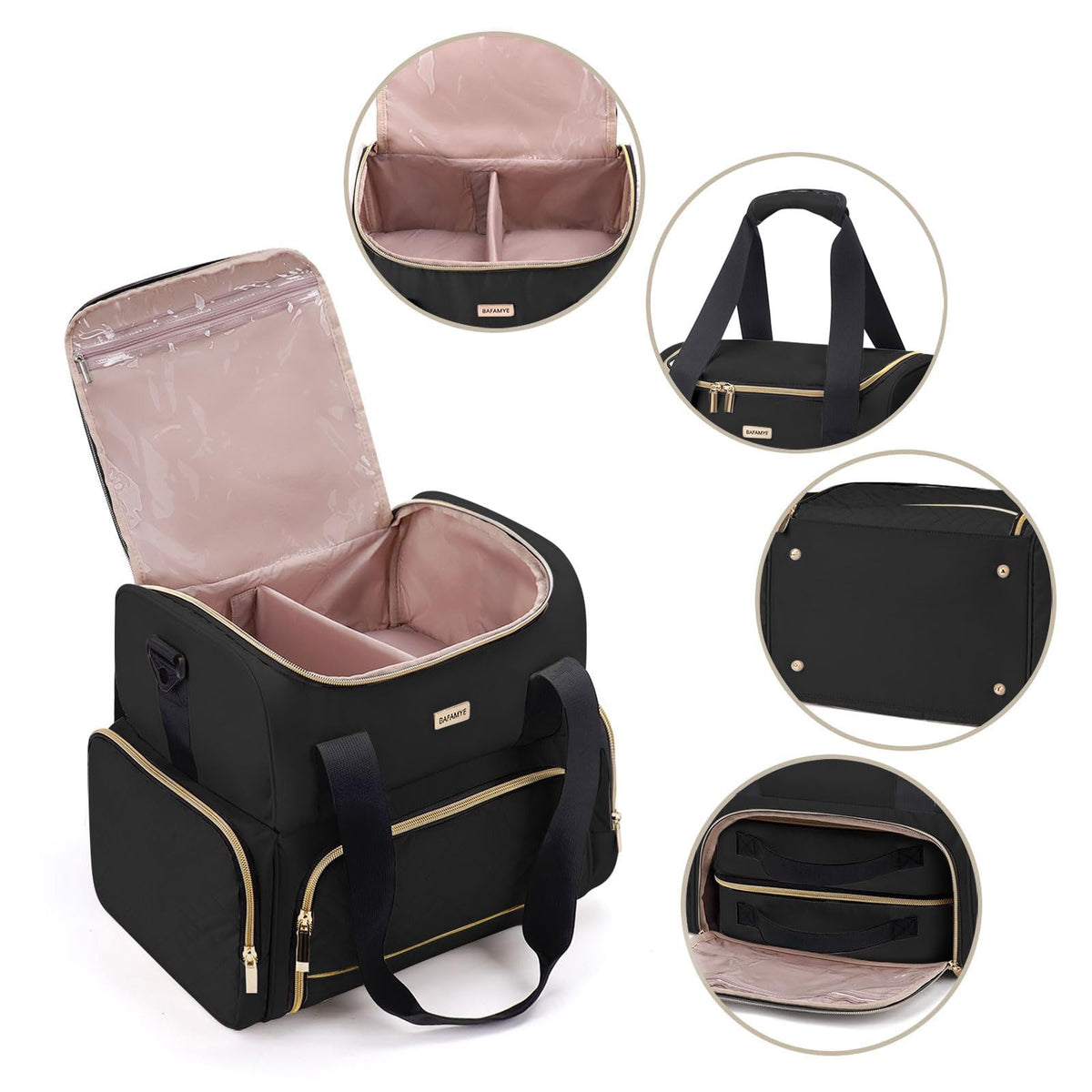 BAFAMYE carrying options include handles, a padded strap, and luggage sleeve