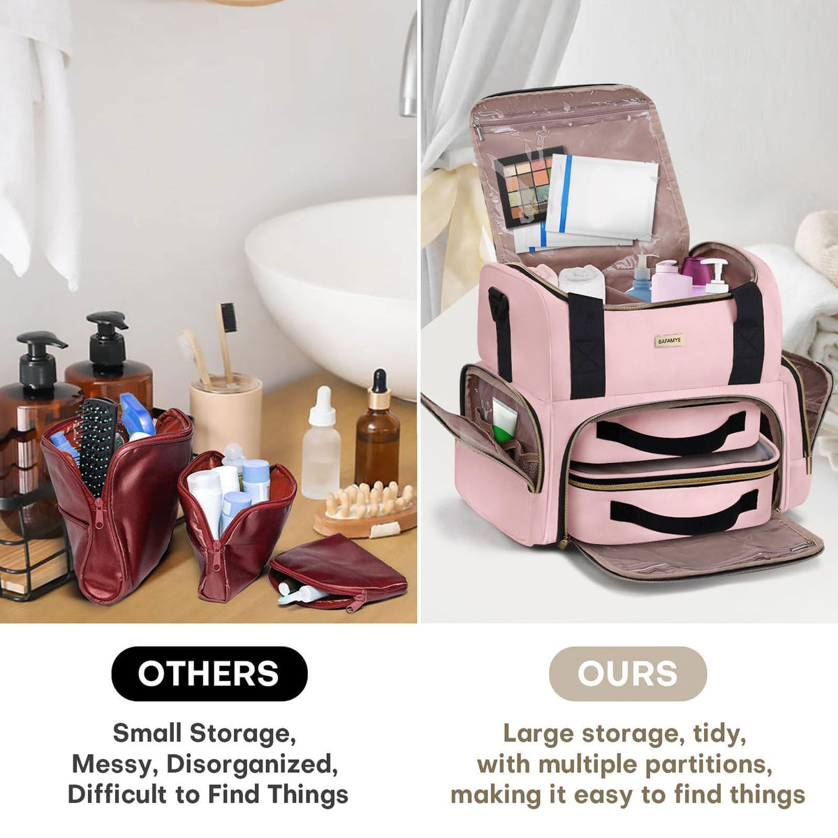 BAFAMYE pink travel toiletry bag ideal for women on the move and organized packing