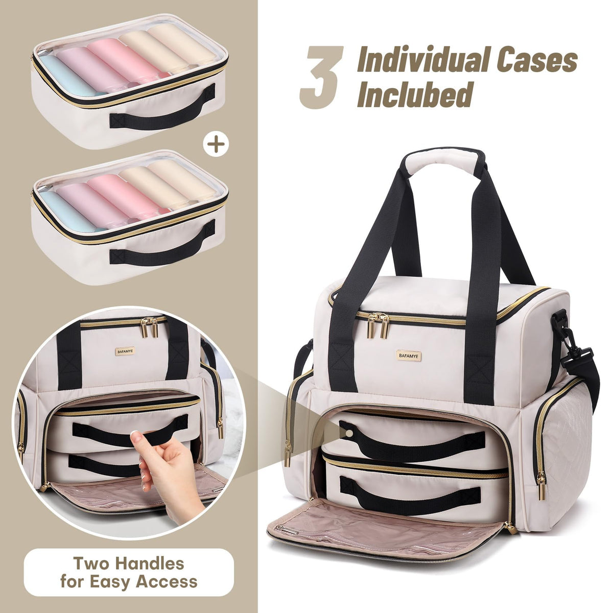 BAFAMYE travel organizer features mesh pockets to keep items upright.