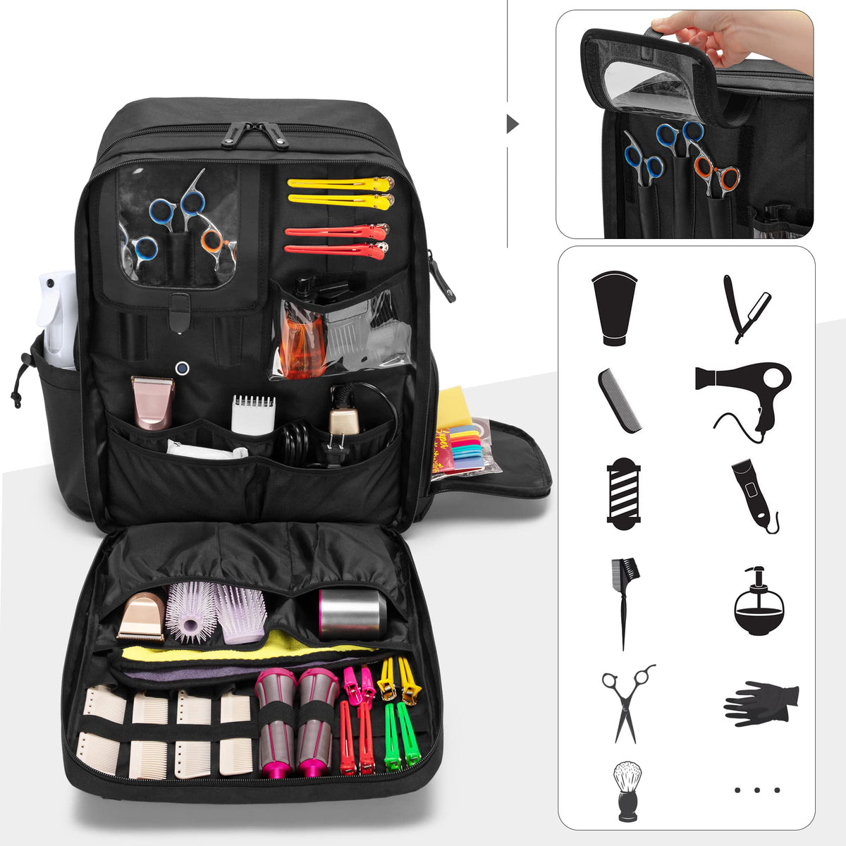BAFASO barber case dedicated shears slot keeps scissors secure during travel.