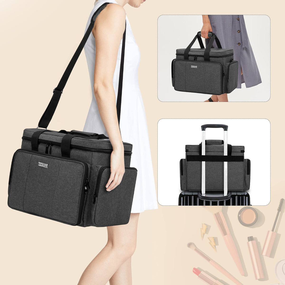 BAFASO bag bottom pad and dividers protect fragile cosmetics inside.