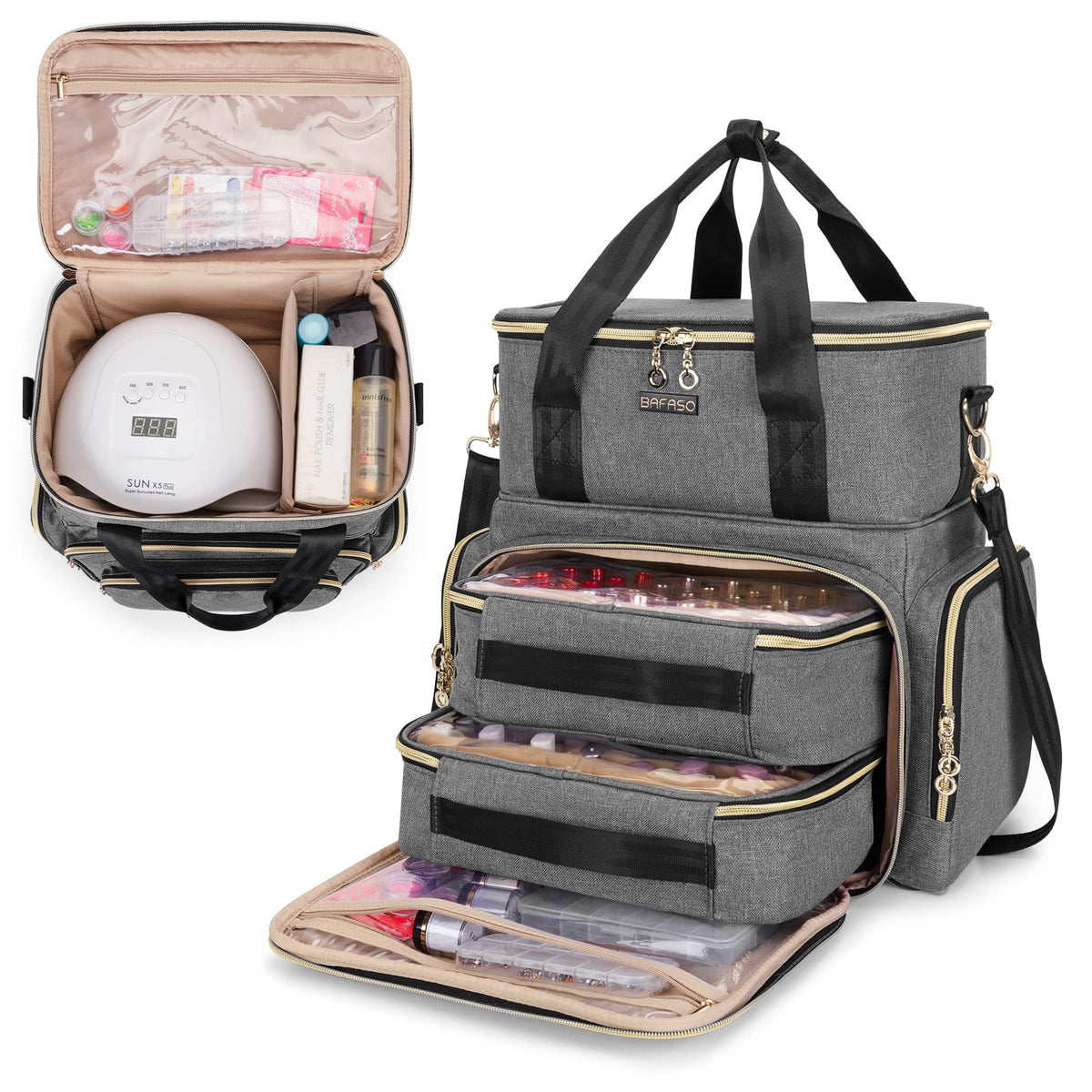 BAFASO double-layer organizer front view showing 70-bottle capacity for easy travel storage.