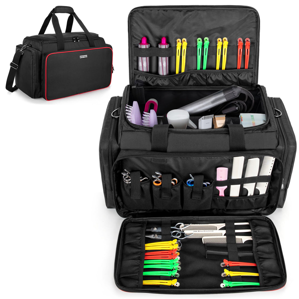 BAFASO large capacity hairdresser bag main compartment with adjustable dividers for tools