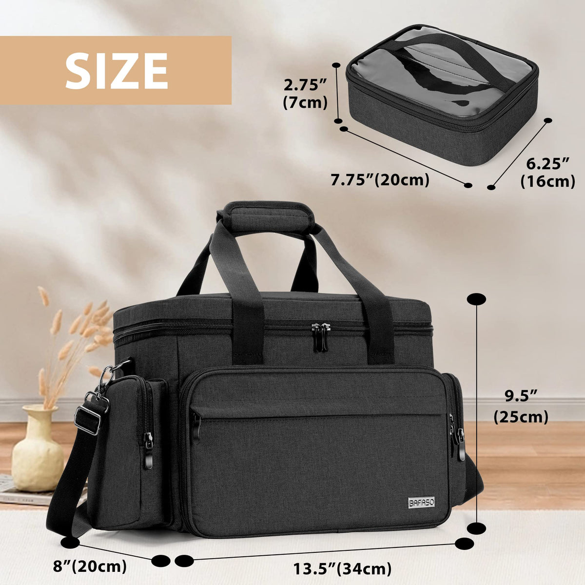 BAFASO large makeup bag back strap securing to a suitcase during travel