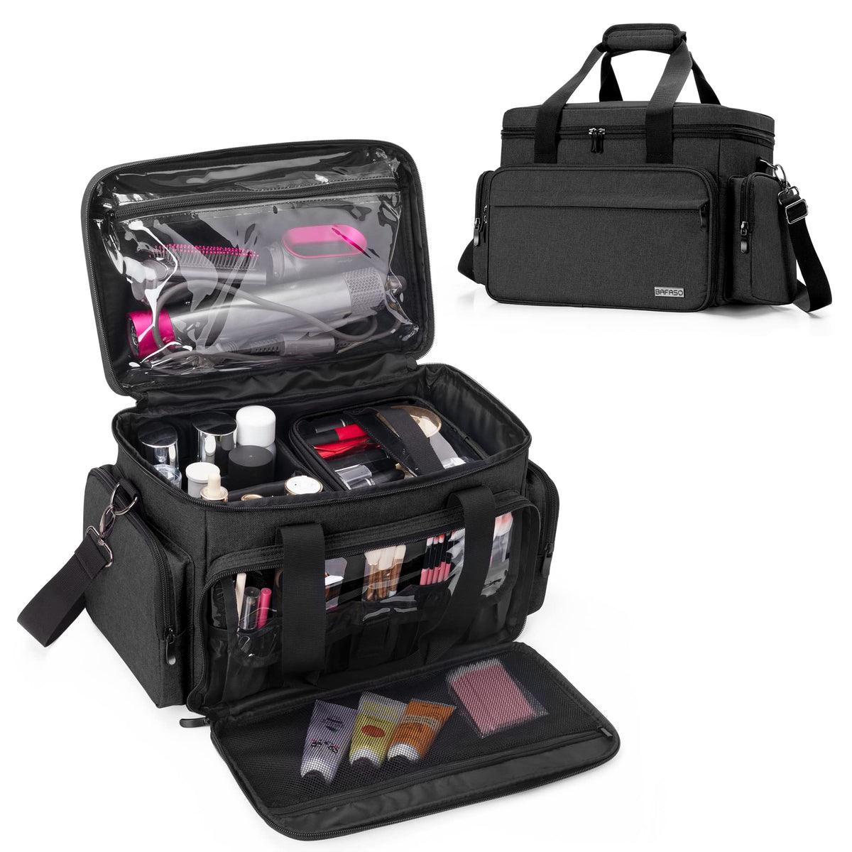 BAFASO large makeup bag main compartment showing organized interior for cosmetics