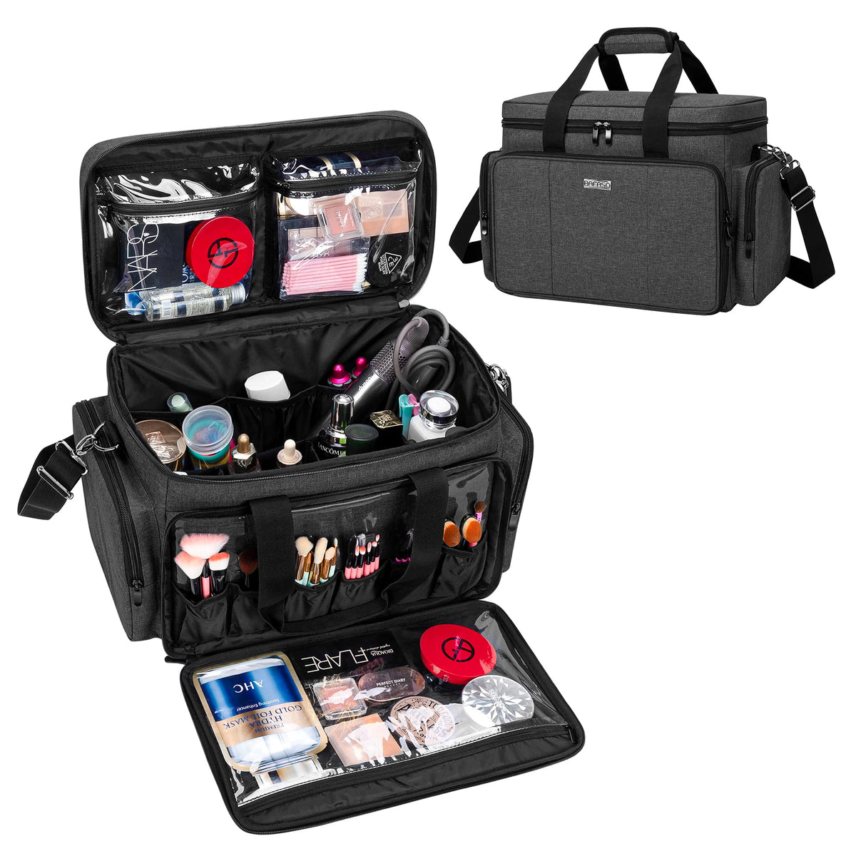 BAFASO large makeup bag with removable dividers keeps cosmetics organized while traveling.