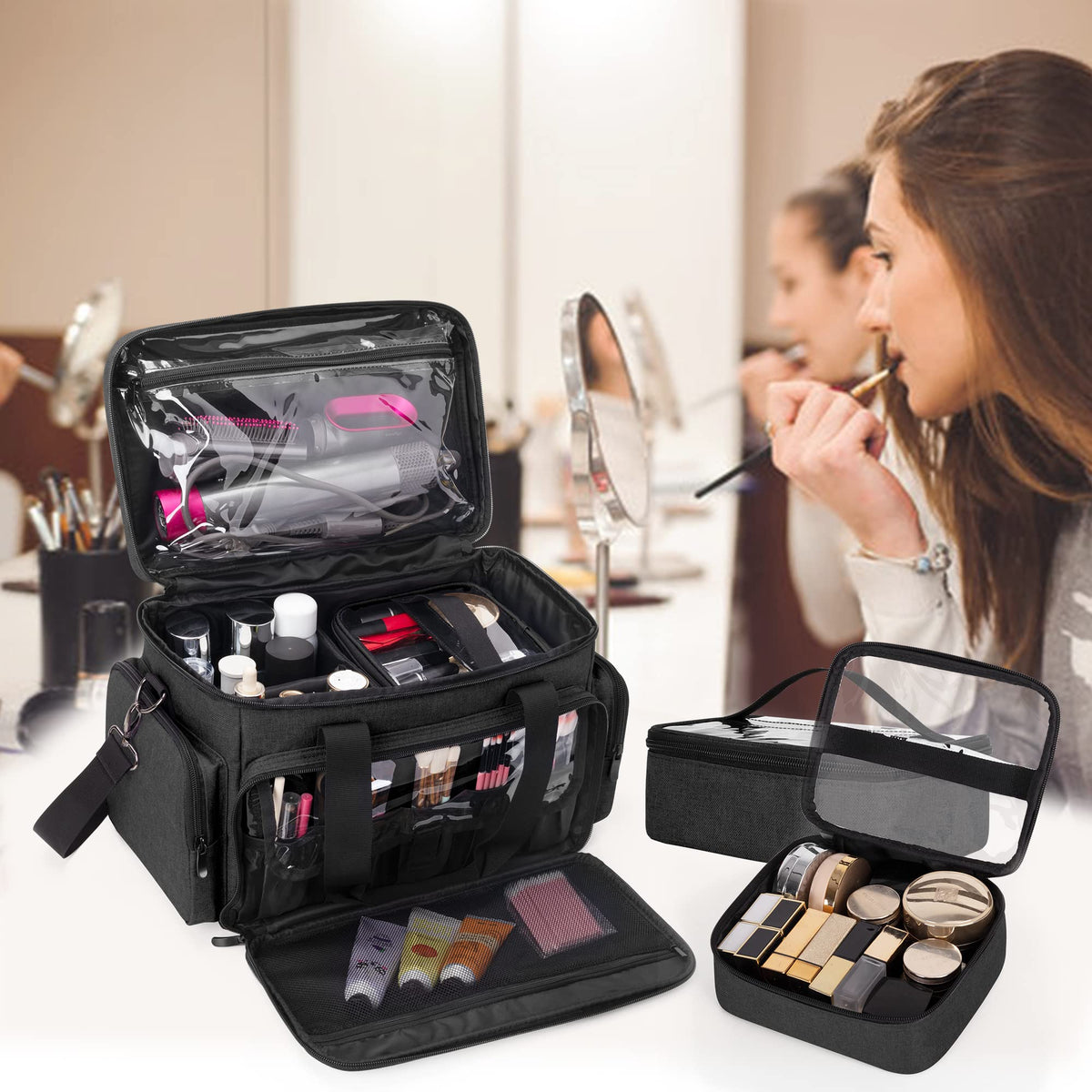 BAFASO large makeup bag side pockets providing extra storage on the go