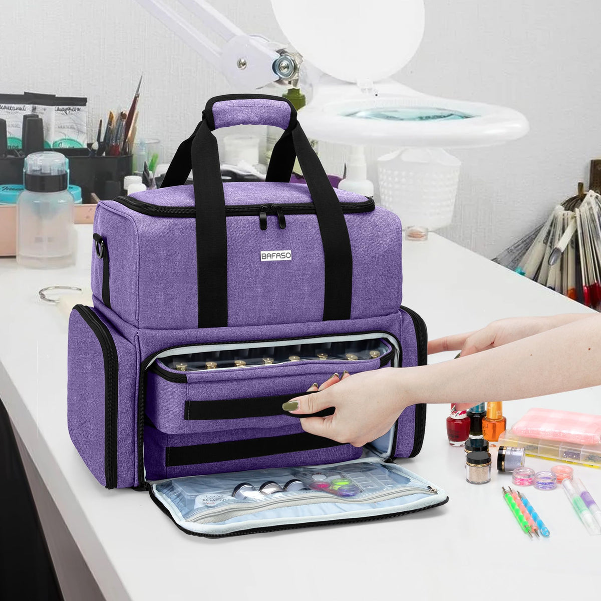 BAFASO nail polish organizer with shoulder strap and handles for easy carrying