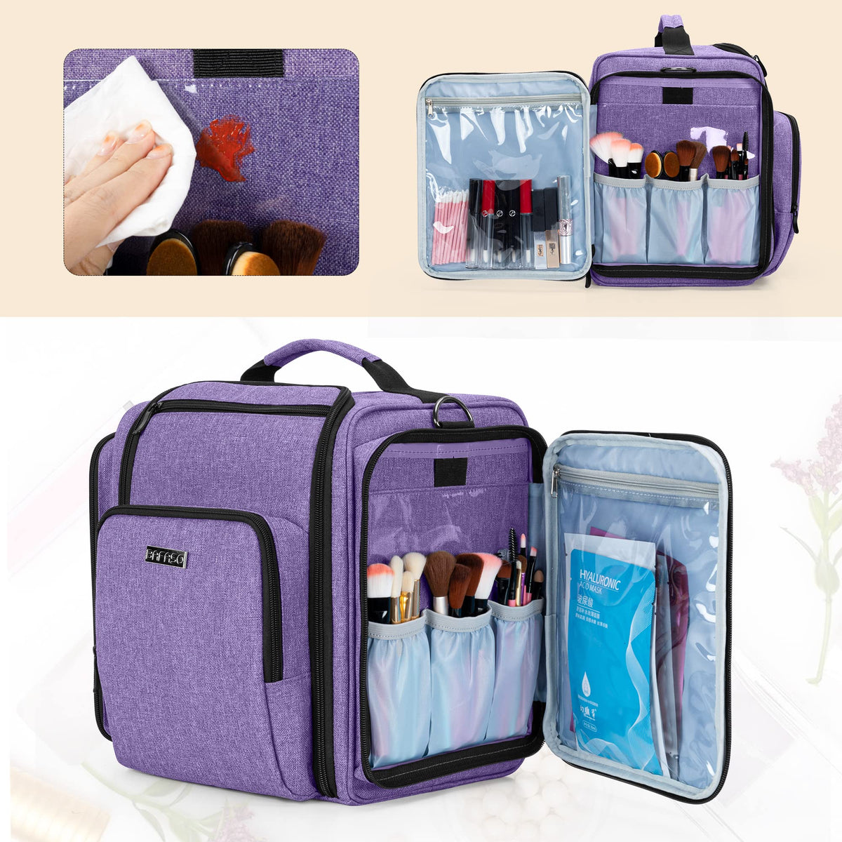BAFASO purple makeup bag side pockets suitable for brushes and palettes
