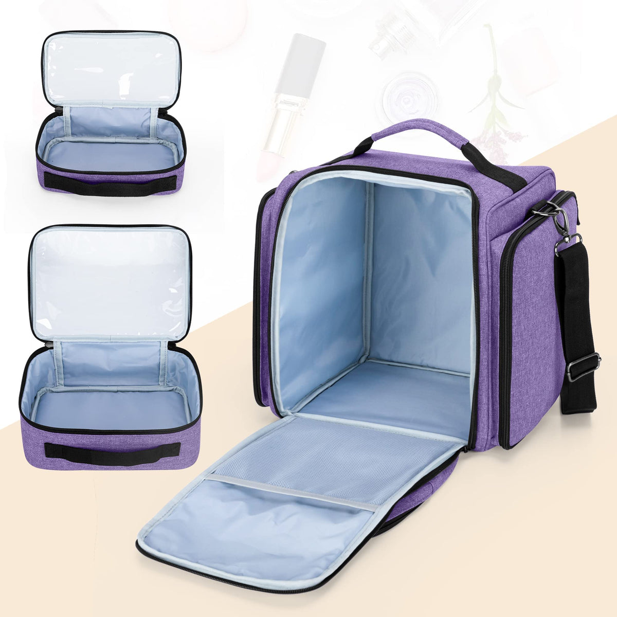 BAFASO purple makeup bag interior with removable pouches for easy viewing of contents