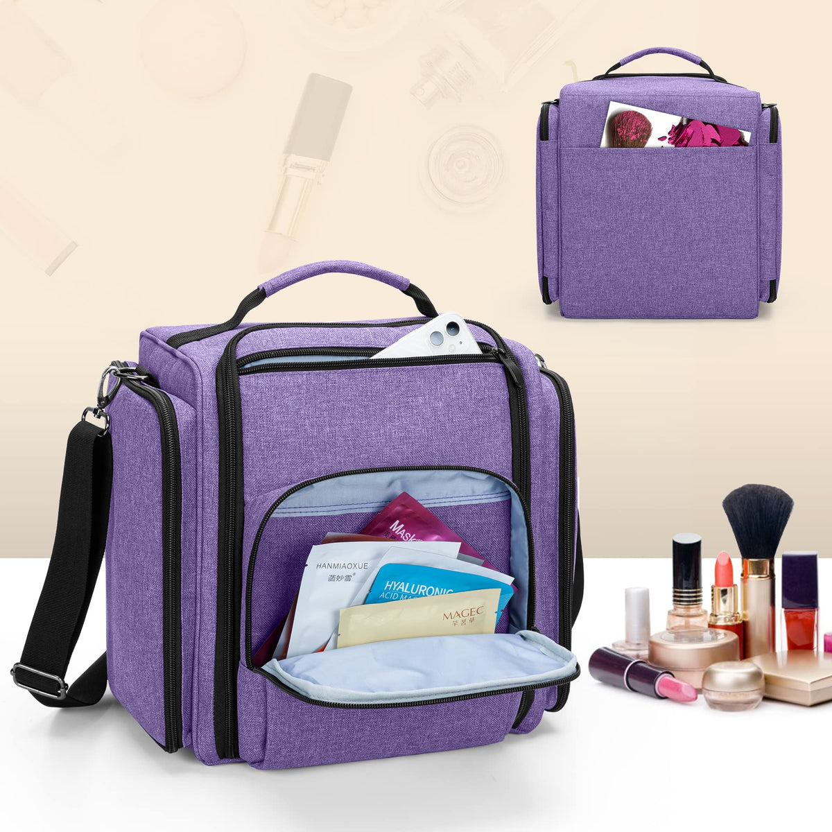 BAFASO purple makeup bag front zip pockets for essential items