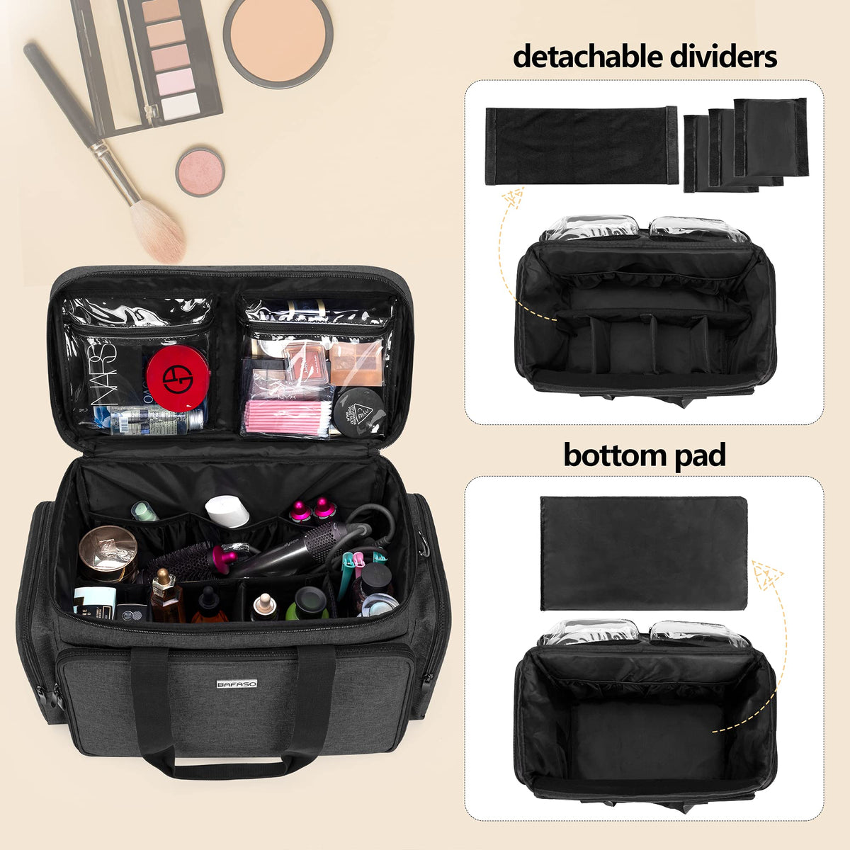 BAFASO makeup bag side mesh pockets hold smaller items securely during transit.