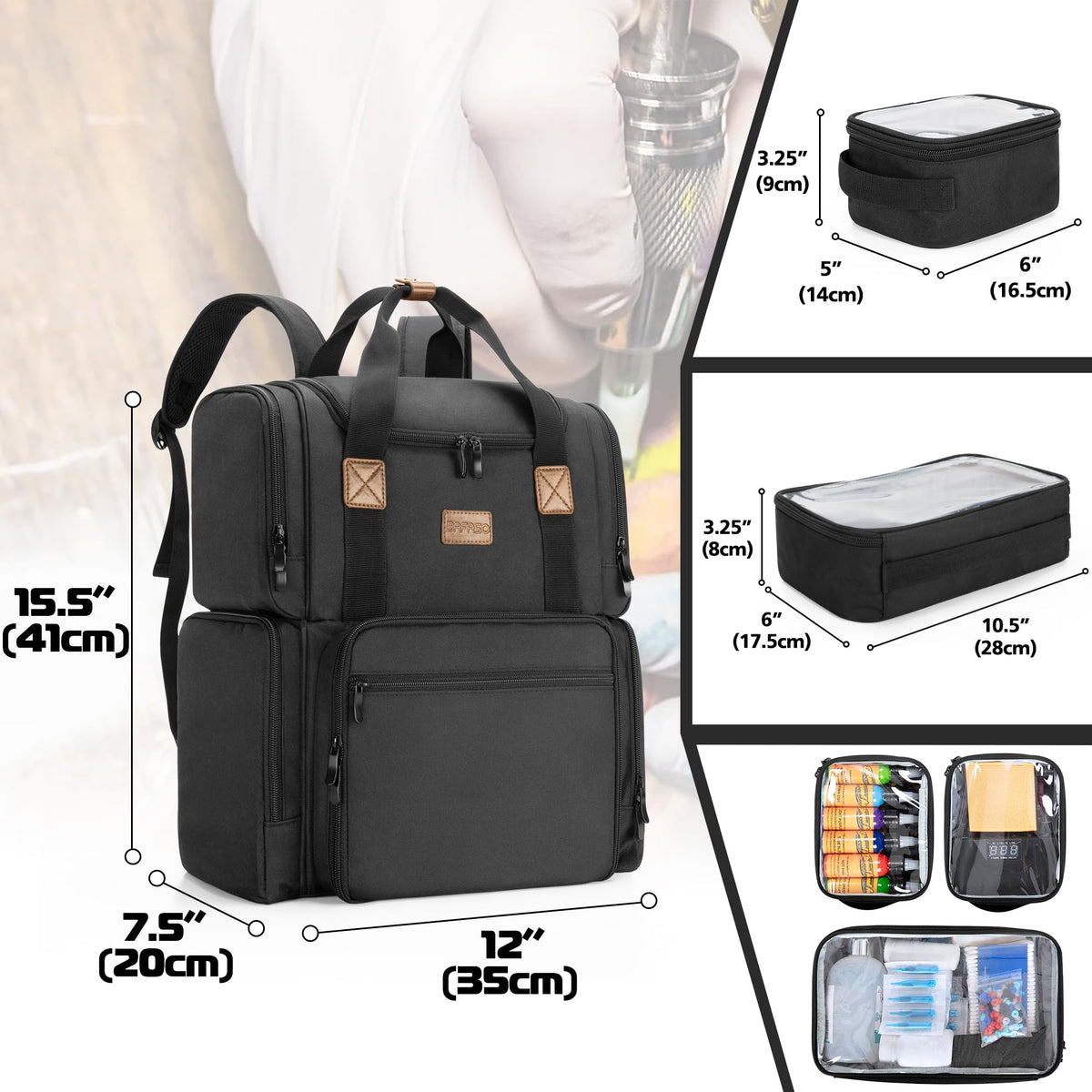 BAFASO tattoo backpack dimensions show portable size for busy artists
