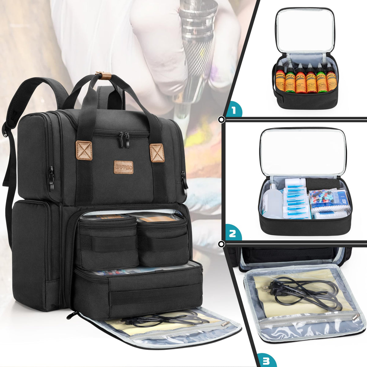 BAFASO tattoo backpack removable pouches arrange inks and guns for quick access