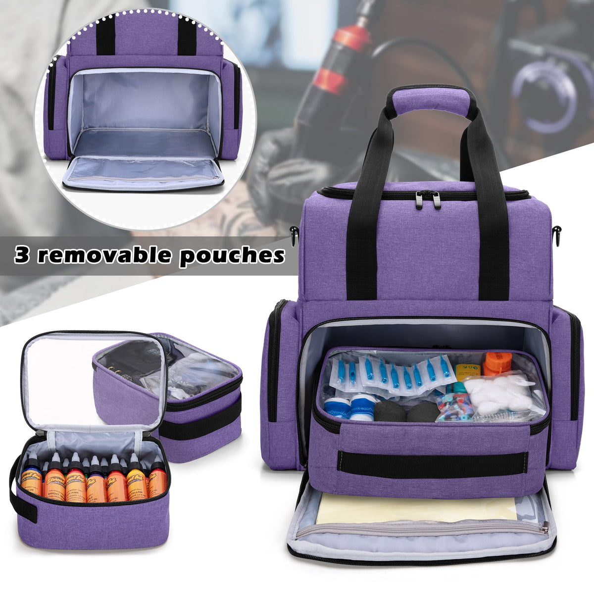 BAFASO tattoo case side pockets organize accessories with elastic bands for quick access