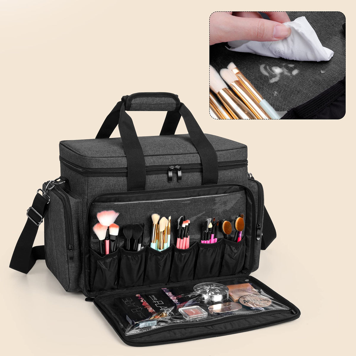 BAFASO travel makeup case front pocket stores brushes for easy grooming on the road.