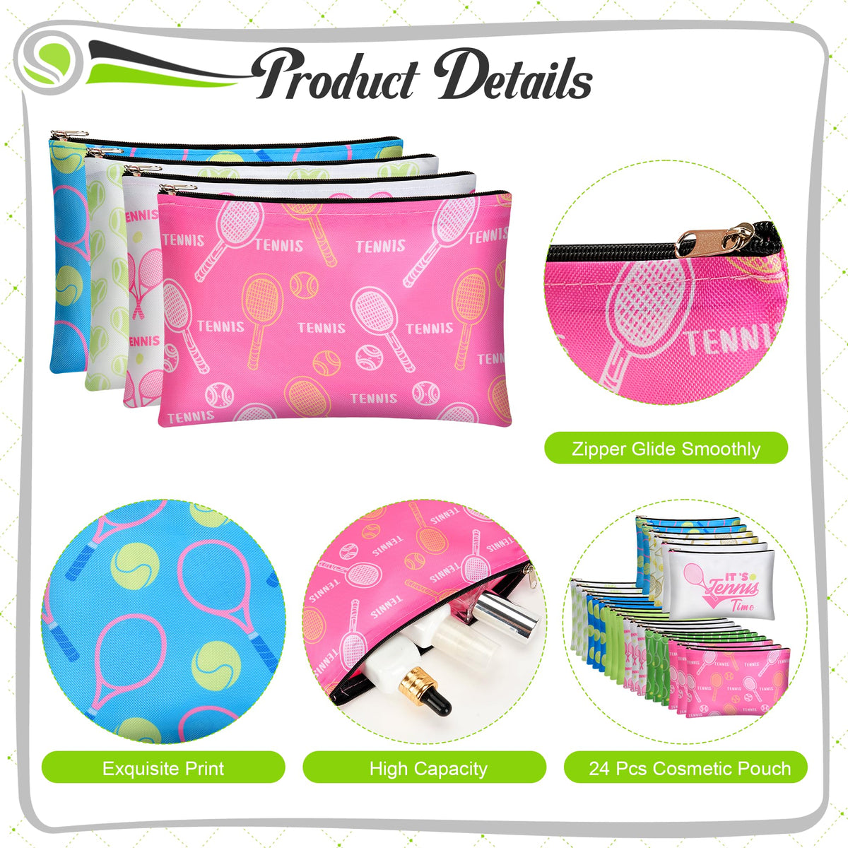 Bafeil tennis makeup bag set 24pcs side view durable zipper secures items.