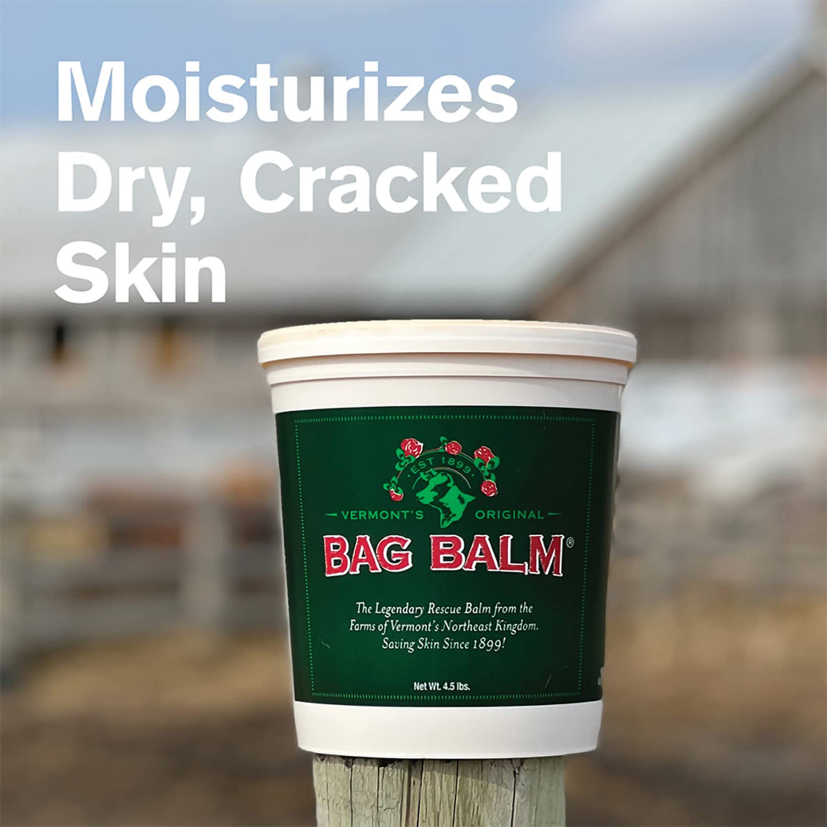 Bag Balm texture swirl highlights the rich formula for quick relief.