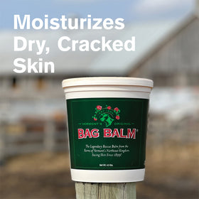 Bag Balm texture swirl highlights the rich formula for quick relief.