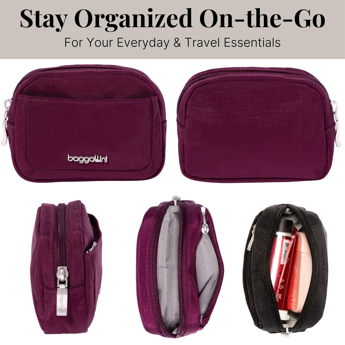 Baggallini mini cosmetic pocket fits neatly in a purse for daily use.