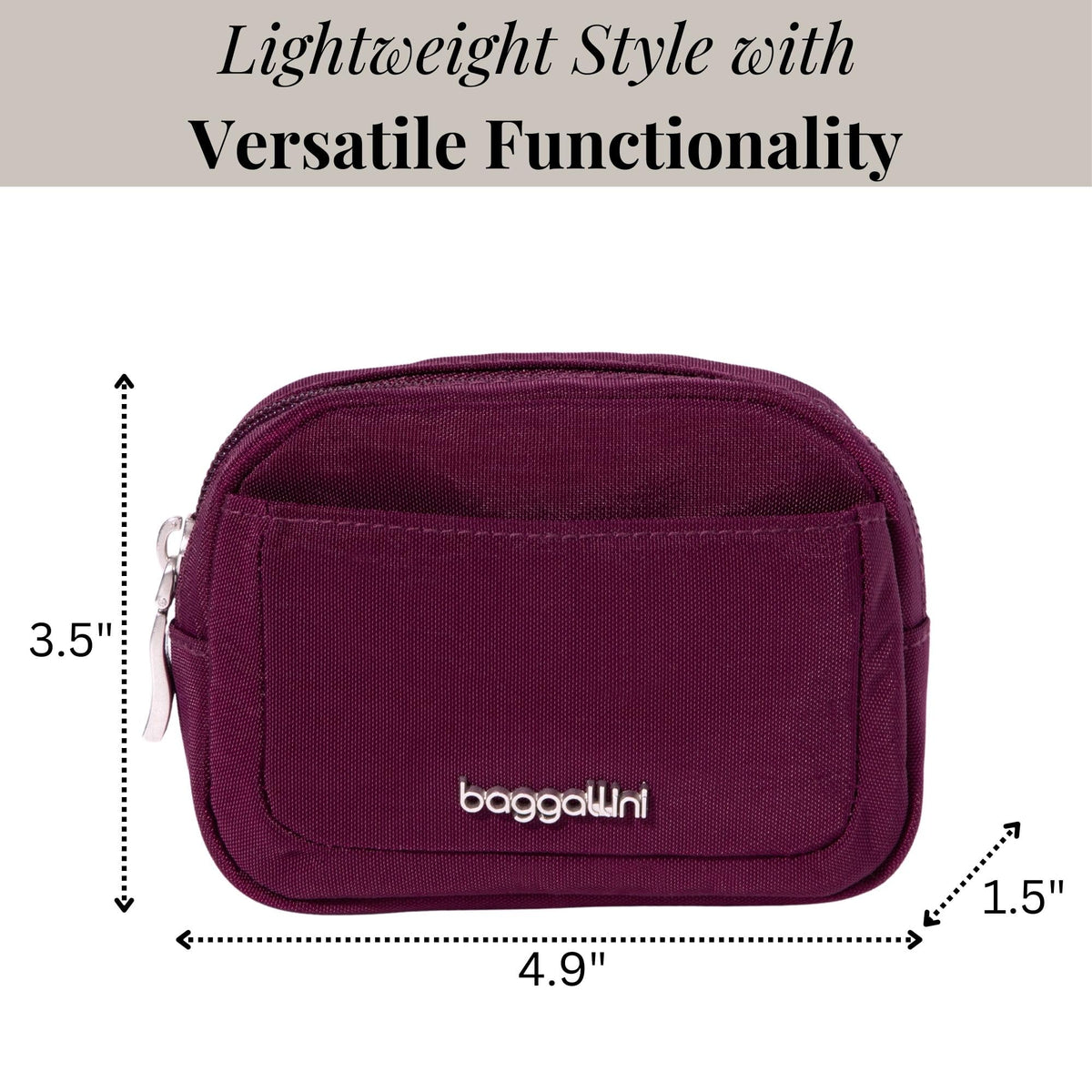 Baggallini mini cosmetic pocket interior elastic loops secure makeup items.