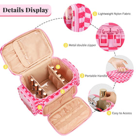 Bagmoly large checkered makeup bag brush compartment keeps brushes ready.