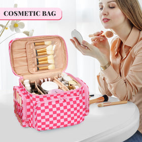 Bagmoly large checkered makeup bag durable zippers for smooth access.