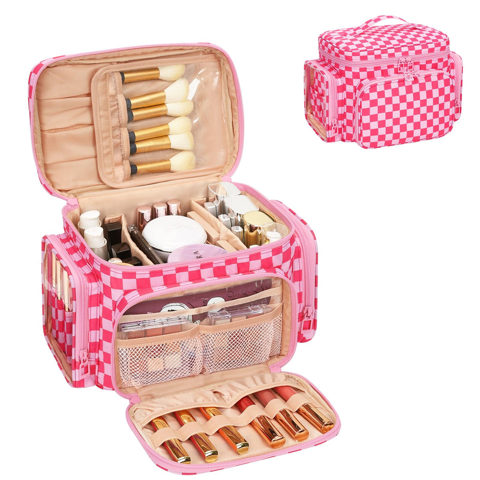 Bagmoly large checkered makeup bag front view in hotpink for organized cosmetics.