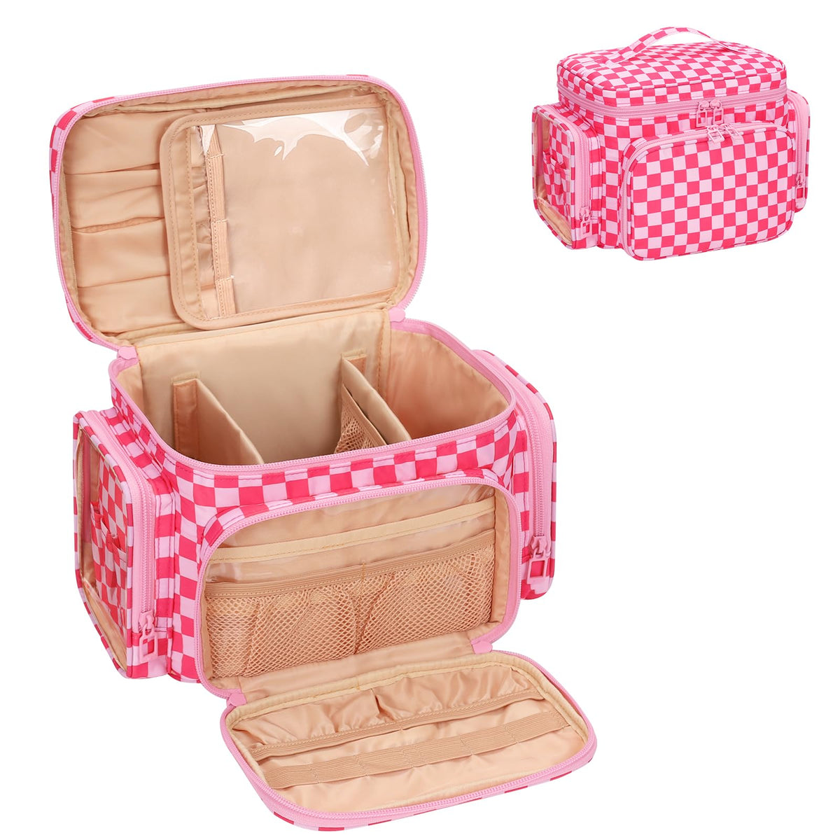 Bagmoly large checkered makeup bag handle for easy carrying on trips.