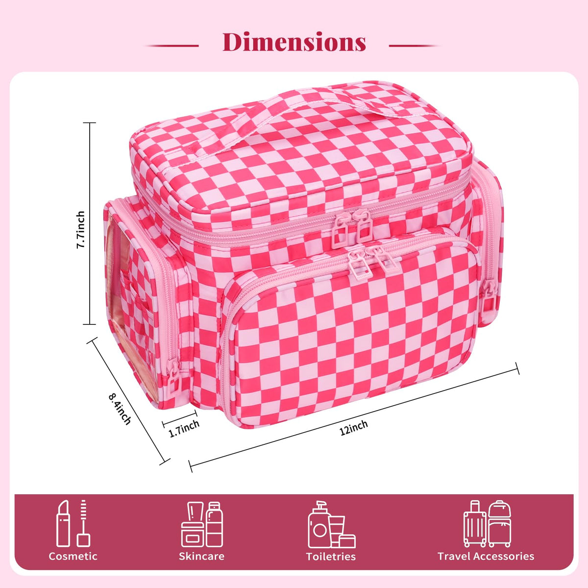 Bagmoly large checkered makeup bag padded fabric protects items during travel.