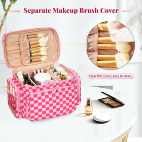 Bagmoly large checkered makeup bag removable dividers customize storage.