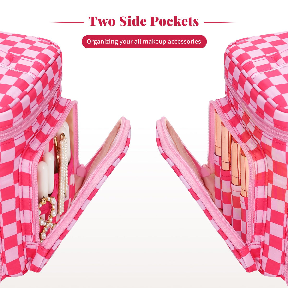 Bagmoly large checkered makeup bag side pockets for toiletries.